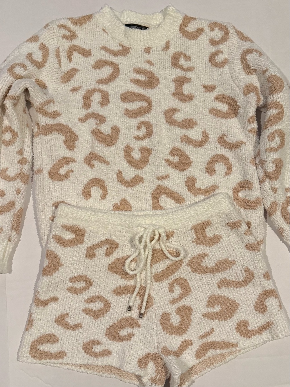 Cream & Beige Fuzzy Leopard Print Crewneck Sweater and Shorts Set Loungewear